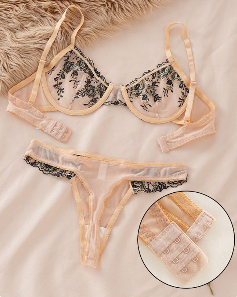French-style Ultra-thin Push-up Floral Embroidered Mesh See-through Lingerie Set