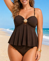 Solid Color Metallic Shell-decorated Two-piece Swimsuit