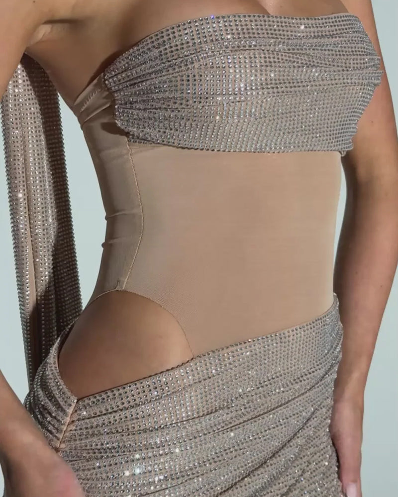 Sequined Ribbon Sleeveless Strapless Long Dress