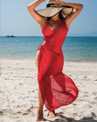 Solid Color Halter Bikini and One-shoulder Long Cover-up Set