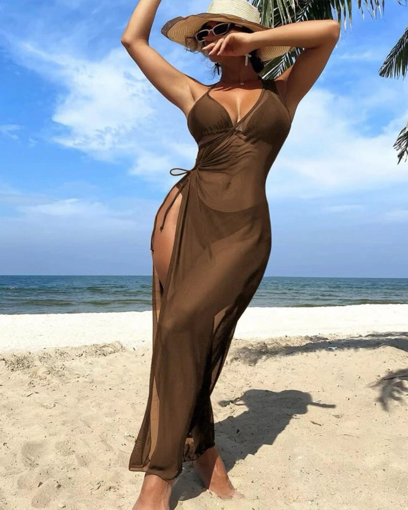 Solid Color Halter Bikini and One-shoulder Long Cover-up Set