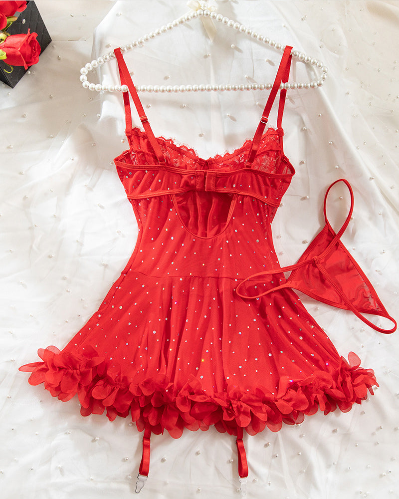 French-style Lace Mesh Sequined Lingerie Set