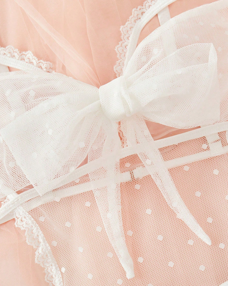 Floral Lace Bow Tie Open Crotch Hollow Polka Dot Mesh One-Piece Pajamas