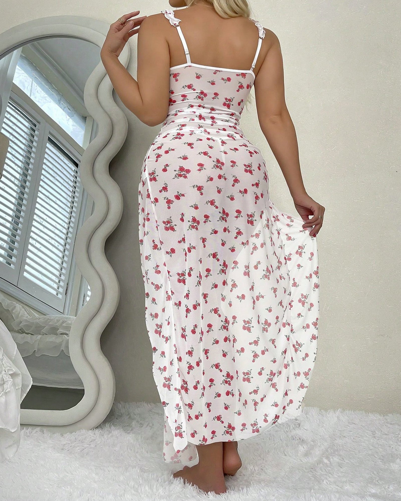 Ruffled Underwire Floral Print High Slit Long Nightgown