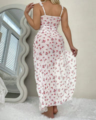 Ruffled Underwire Floral Print High Slit Long Nightgown