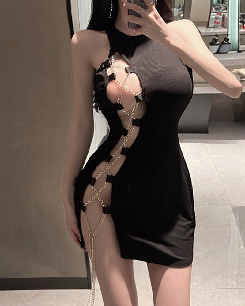 Metal Chain Strap Cutout Sleeveless Bodycon Dress