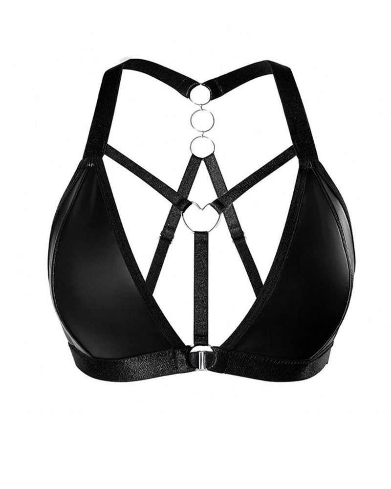 Deep V Leather Backless Metal Ring Cutout Bra