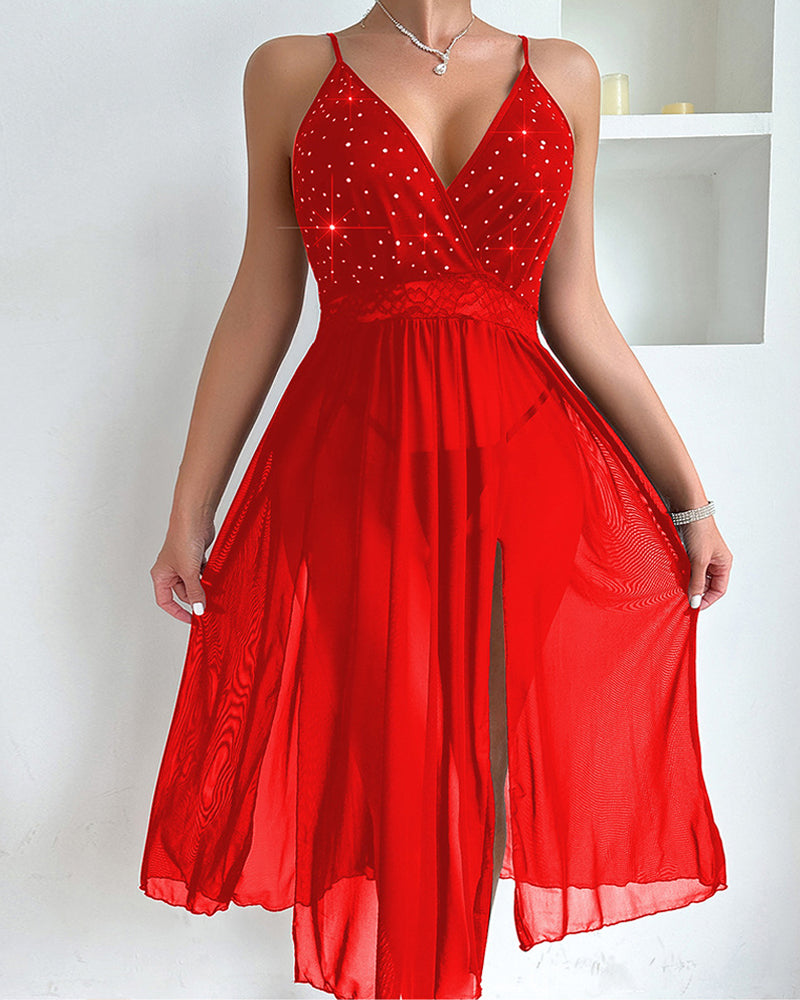 Deep V-neck Backless Rhinestone Long Slit See-through Mesh Nightgown