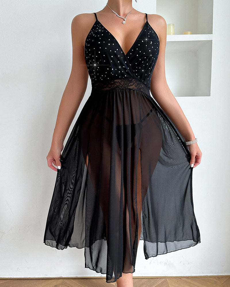 Deep V-neck Backless Rhinestone Long Slit See-through Mesh Nightgown