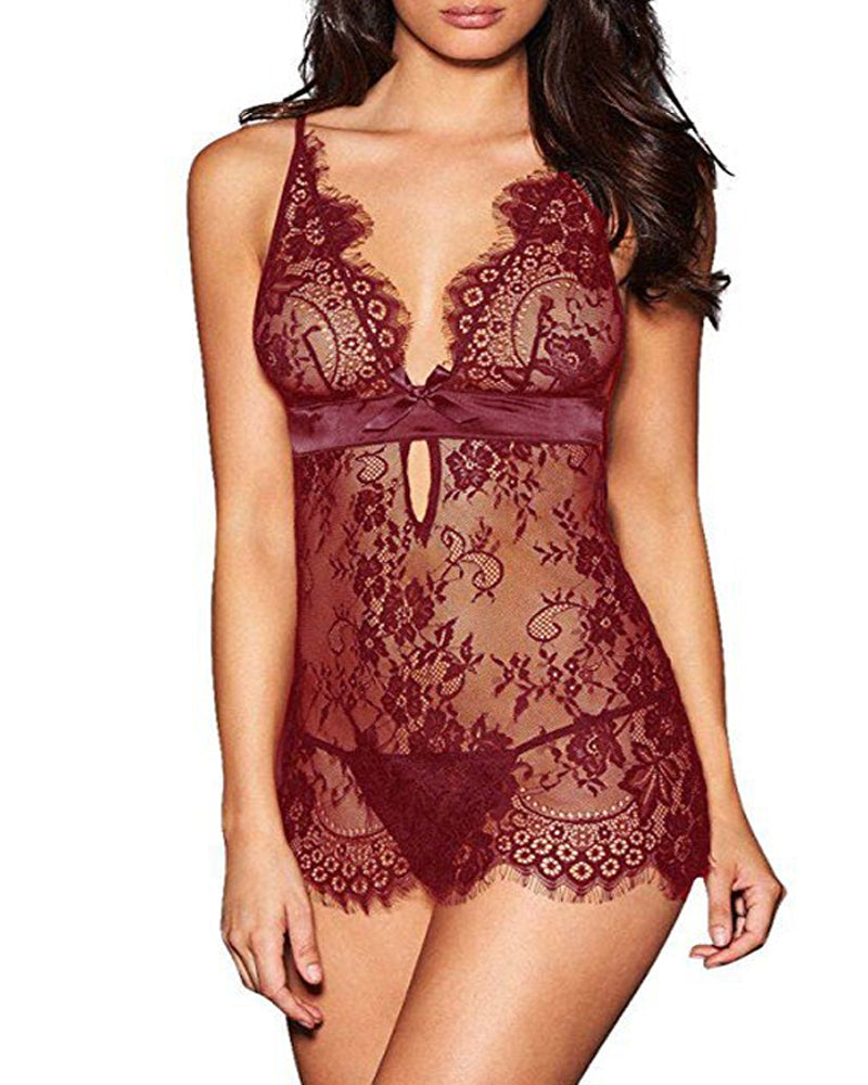 Deep V See-Through Eyelash Lace Camisole Nightgown