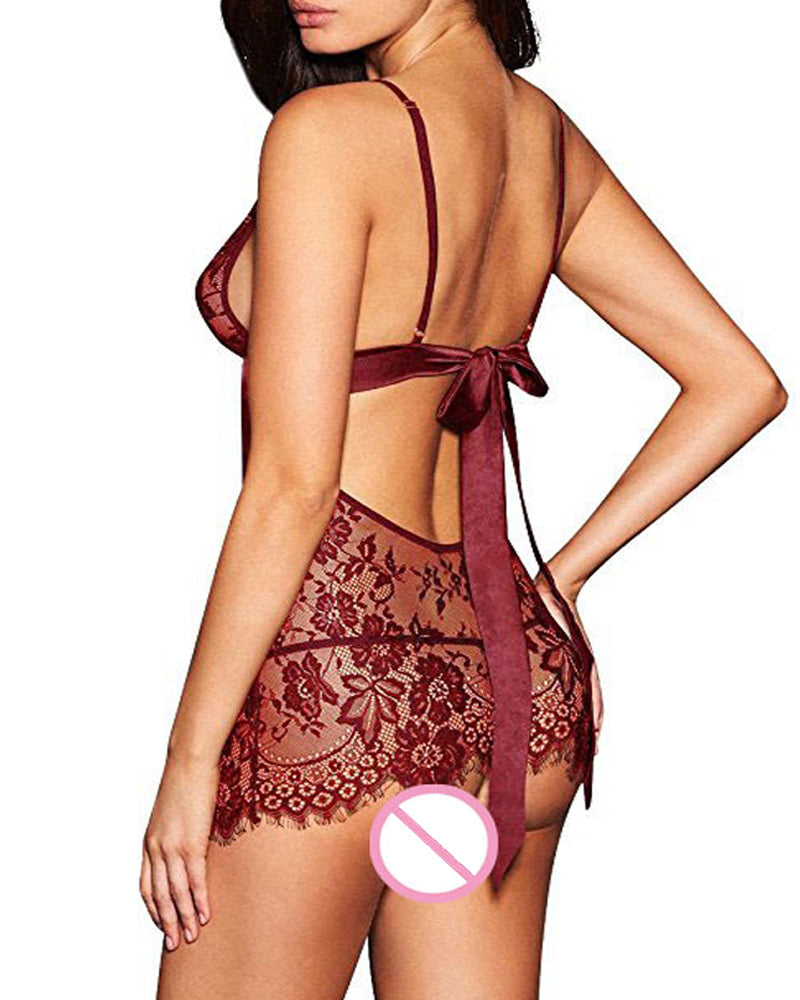 Deep V See-Through Eyelash Lace Camisole Nightgown