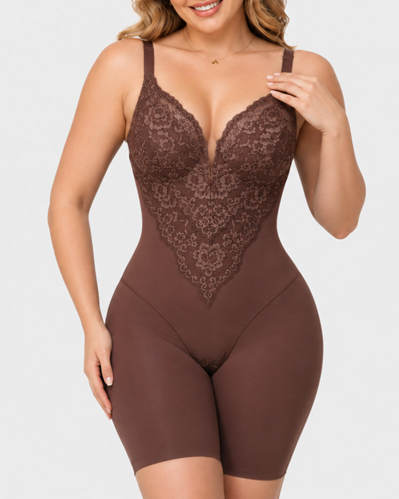 Women's V Neck Lace Stretch Seamless Bodysuit Shapewear