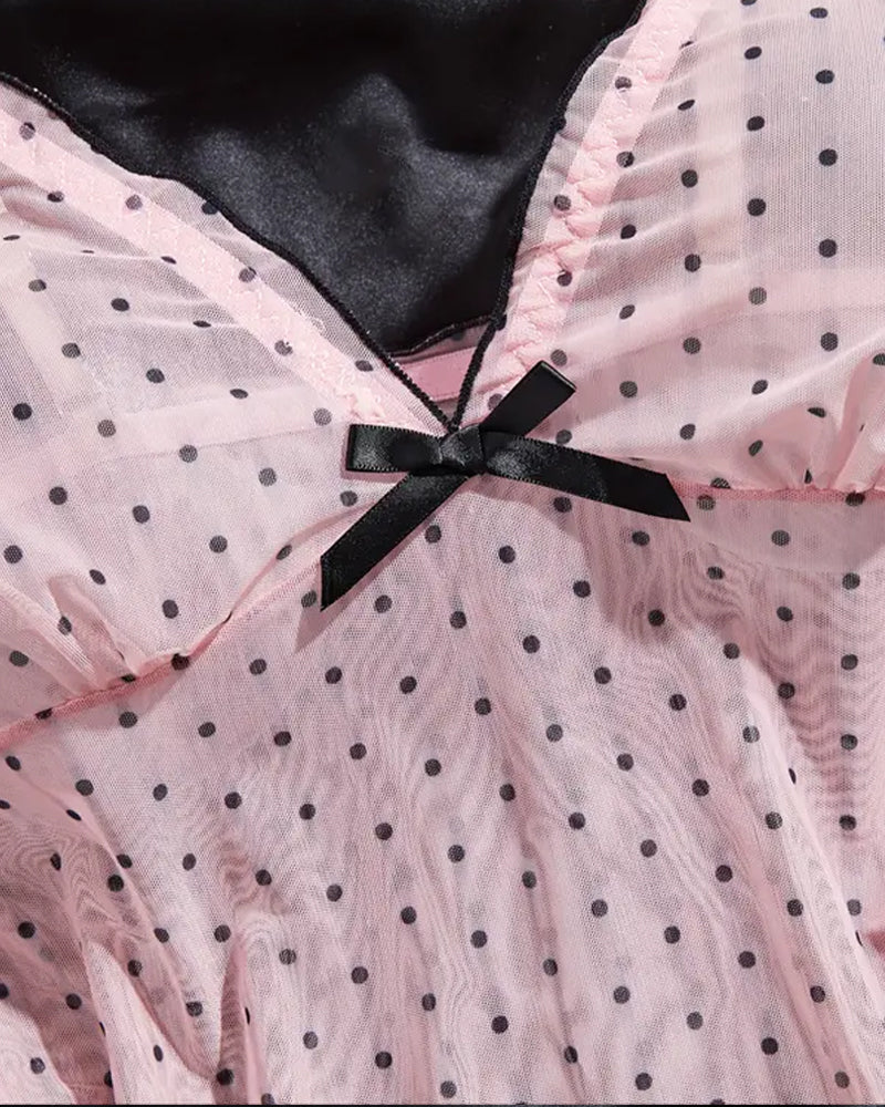 V-neck Polka Dot Print Semi-transparent Suspender Nightdress Set