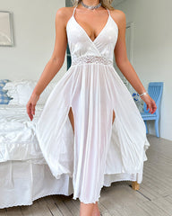 Deep V-neck Backless Rhinestone Long Slit See-through Mesh Nightgown