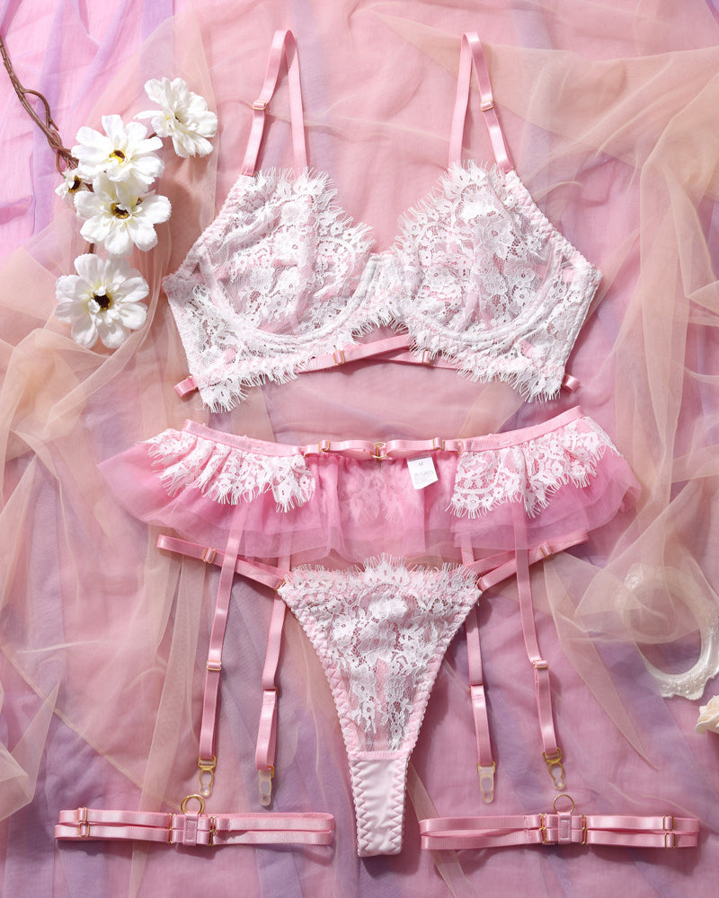 Pink Lace See-through Mesh Lingerie Set