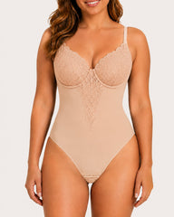 Women's Deep V Lace-Trimmed Tummy Control Seamless Bodysuit