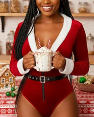Christmas Plush Bodysuit with Belt and Snap Crotch