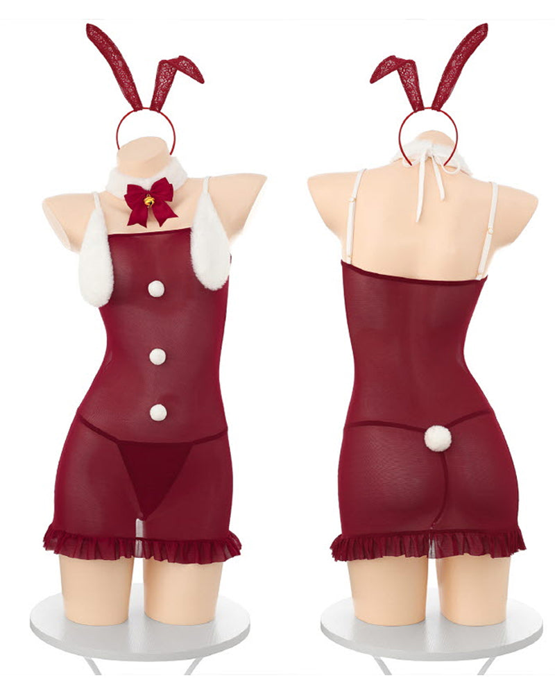 Christmas Bunny Girl Plush See-Through Mesh Patchwork Strapless Lingerie Nightgown with Headband