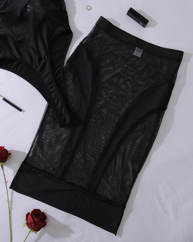See-through Mesh Strapless Bodysuit with Fitted Skirt Lingerie Set