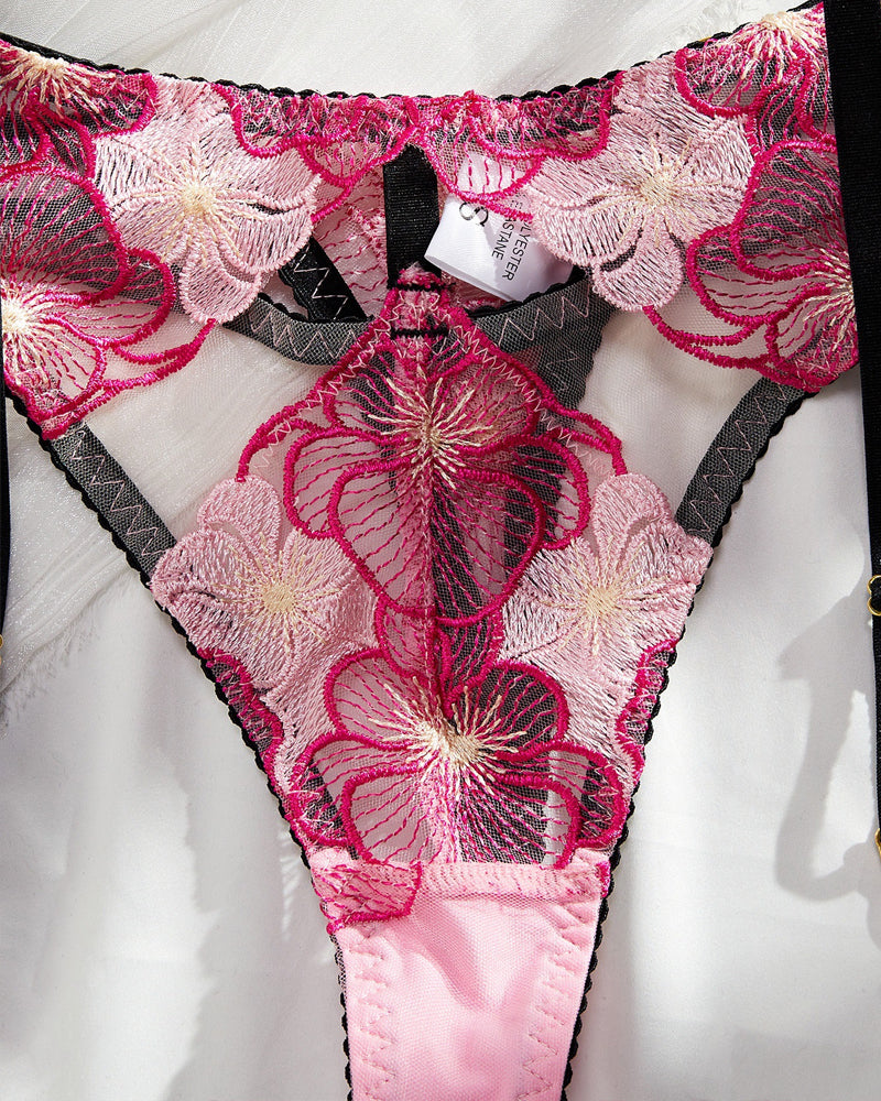 Deep V Colorblock Floral Embroidered Body-shaping See-through Lingerie and Garter Belt Set