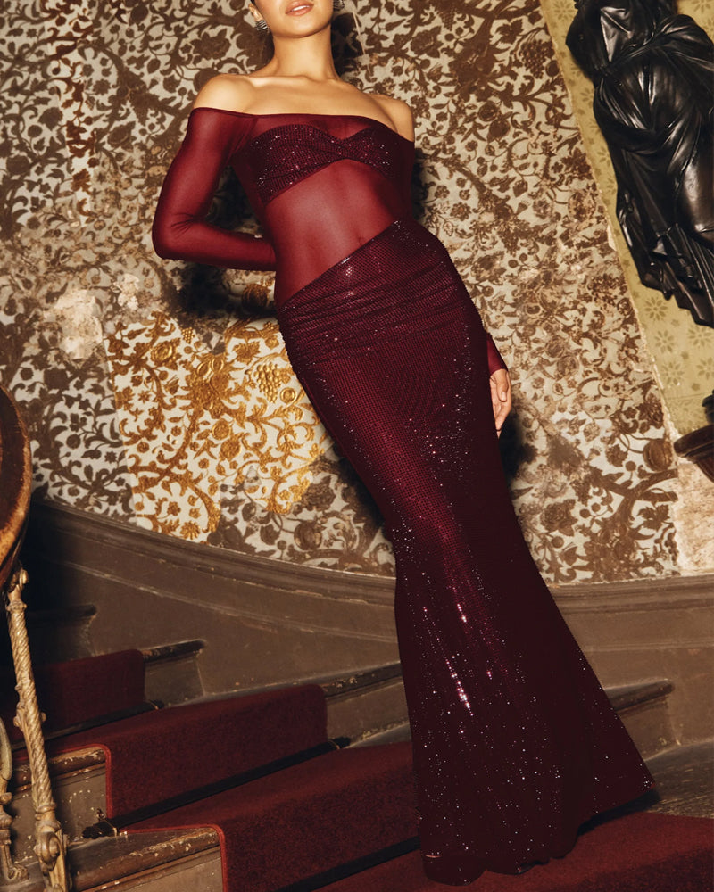 Christmas Sparkly Off-shoulder Fitted Sheer Mesh Long Dress