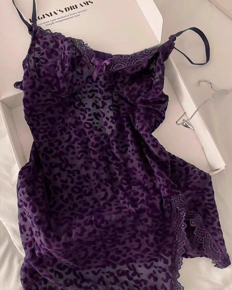 Deep V Flocked Leopard Print See-Through Mesh Bodycon Nightgown