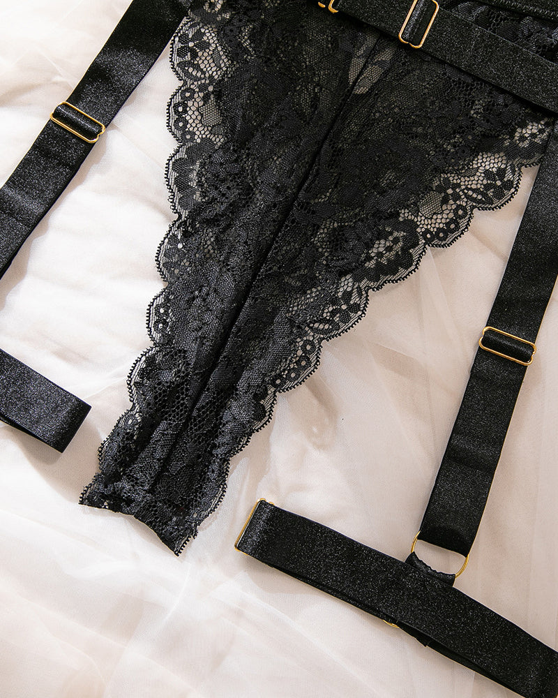 Deep V-neck Halter Neck Lace Sheer Bodysuit with Garter Belt and Gloves Lingerie Set