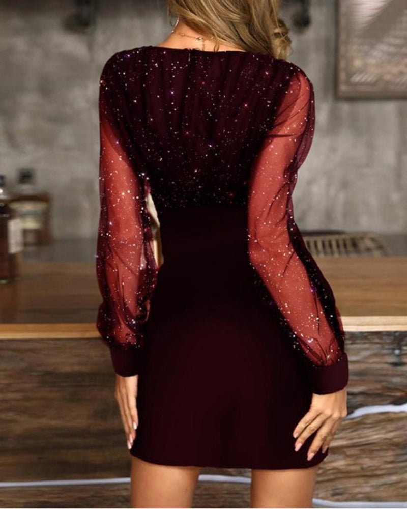 Slim Fit Mesh V-neck Sequined Dress