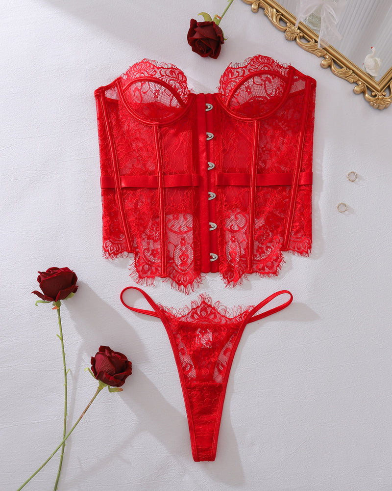Embroidered Floral See-Through Hollow Strap Body Shaping Underwear Two-Piece Set with Stockings