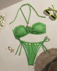 Beach Vacation Seashell Embellishments Cross-neck Halter Top Bikini Swimsuit Set