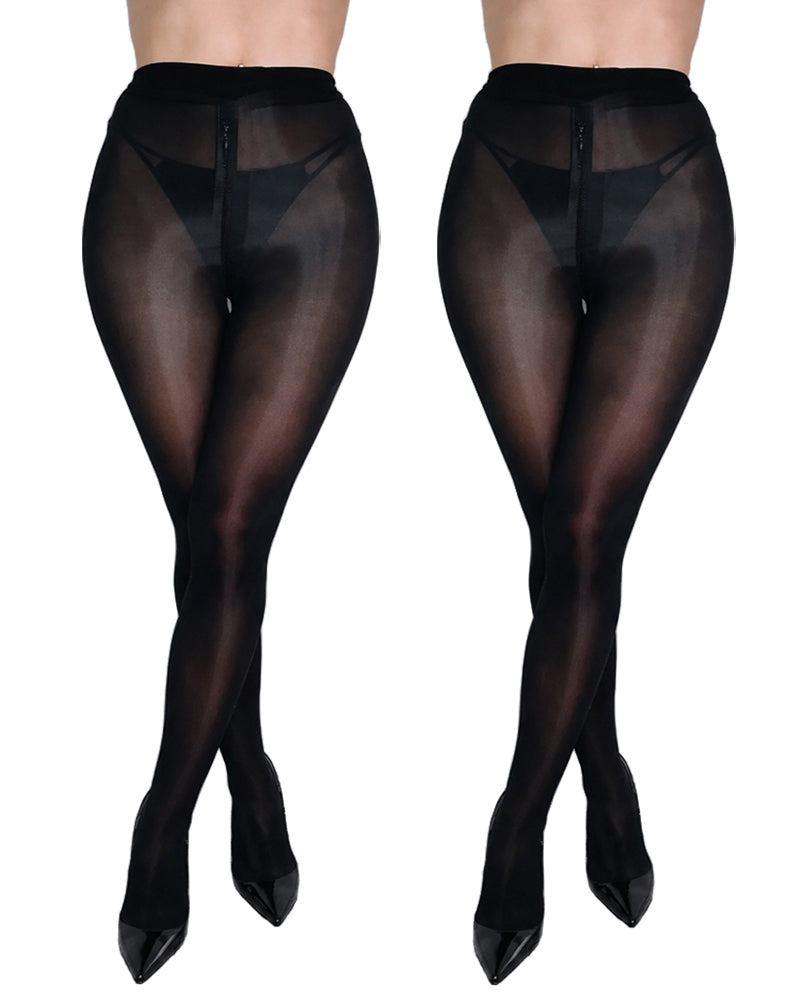 Two Pairs High Waisted Silky Shiny Transparent with Zipper Crotch Pantyhose