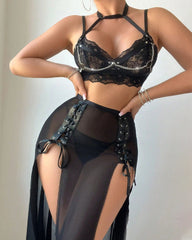 Halter Neck Lace See-through Mesh Leather Patchwork Slit Long Skirt Lingerie Set