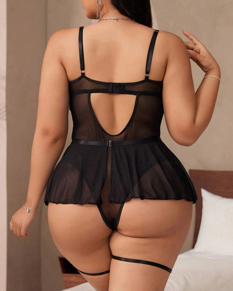 Plus Size Lace See-Through Mesh Garter Bodysuit Nightgown