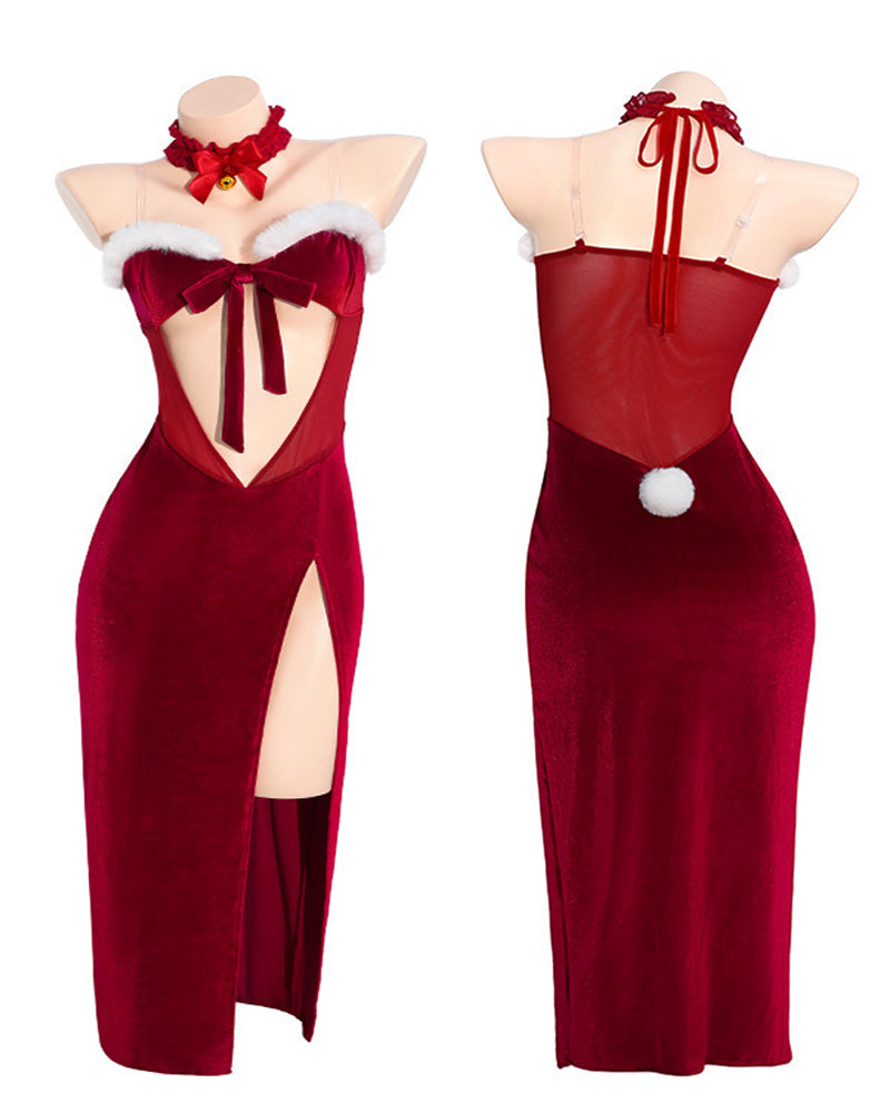 Christmas Bunny Velvet High-slit Long Lingerie Dress
