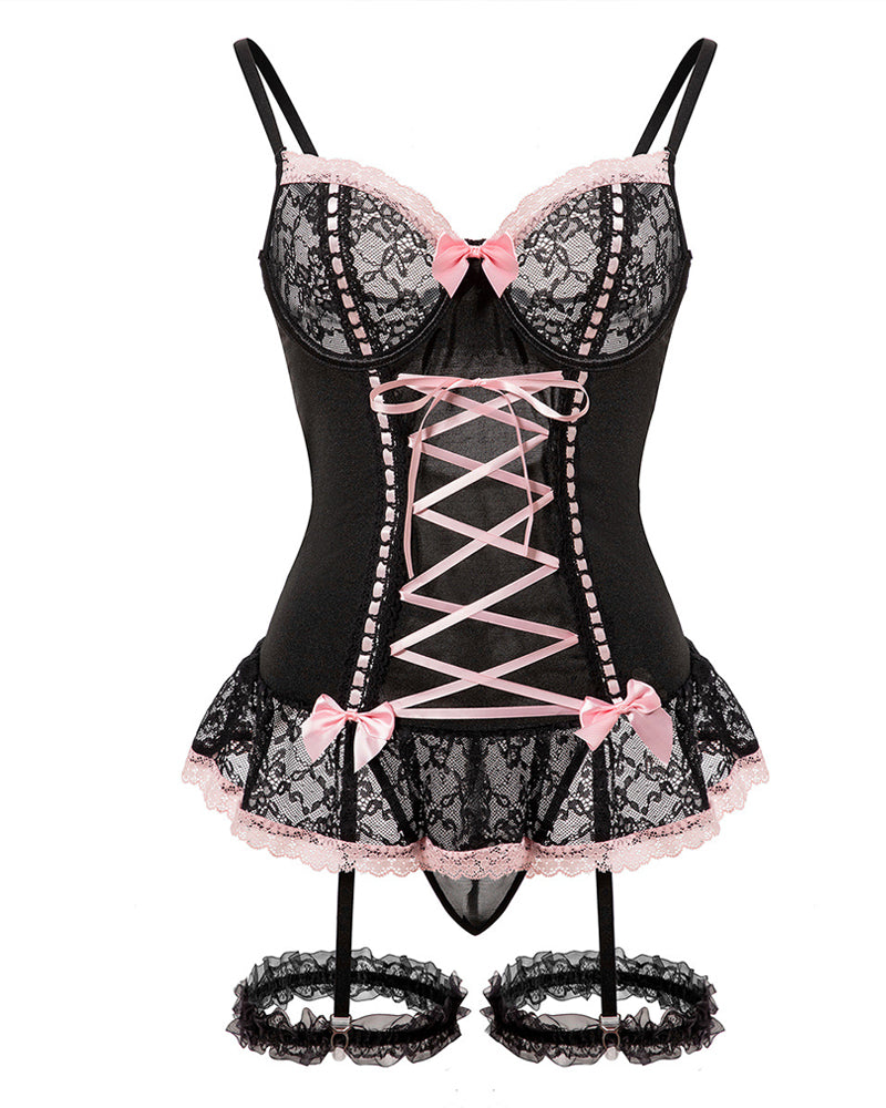 Gathered Contrast Color See-Through Lace Bow With Leg Cover Pajamas Set