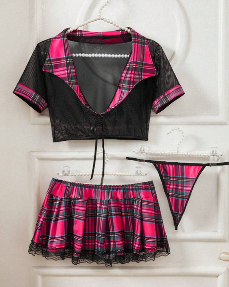Uniform Role-playing Plaid Colorblock See-through Mesh Top and Short Skirt Lingerie Set