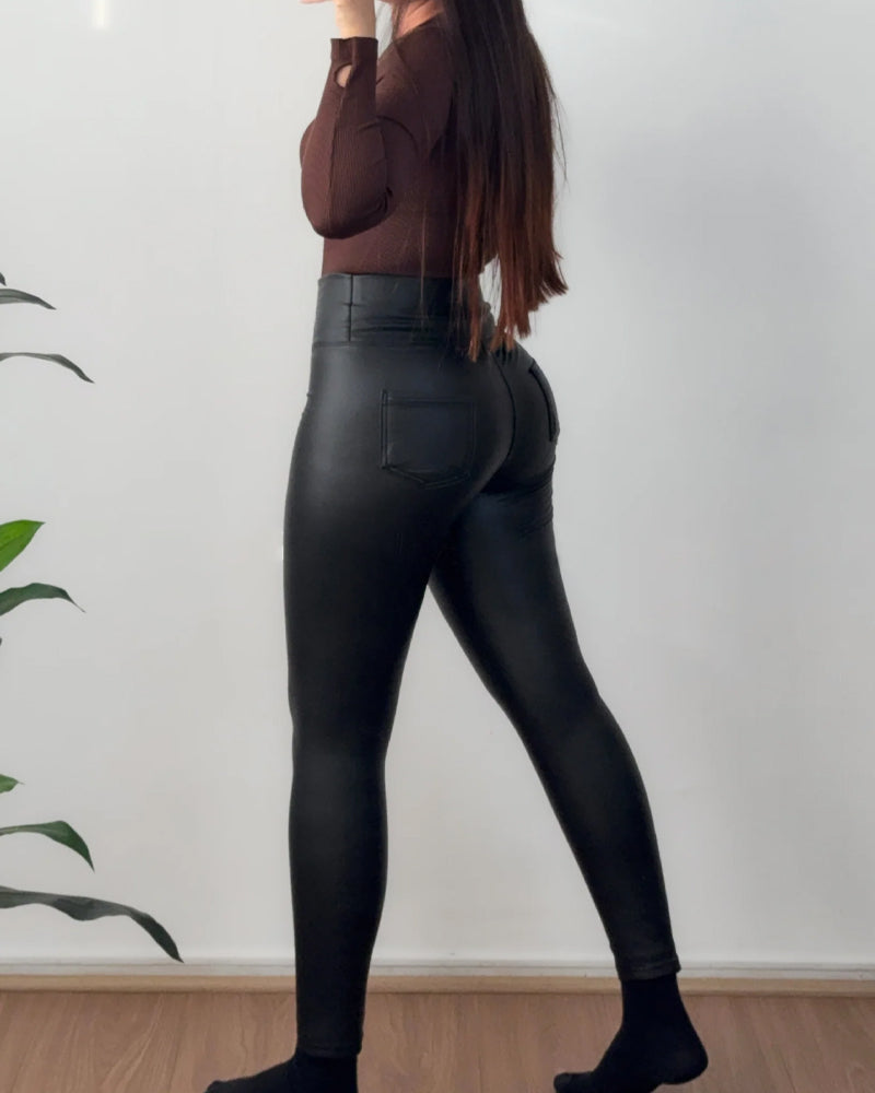 Women's Elastic High Waist Slim Fit Leather Tight Sports Yoga Pants