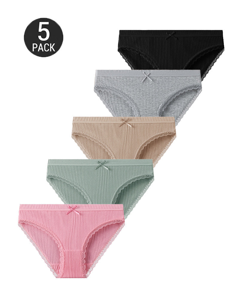 5-Pack Cotton Breathable Stretchy Bow Lace-trimmed Briefs