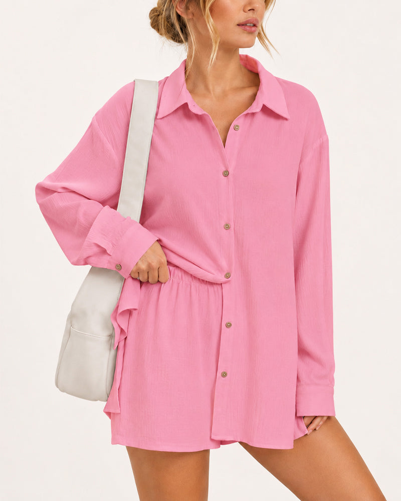Casual Loose Long Sleeve Shirt and Shorts Set