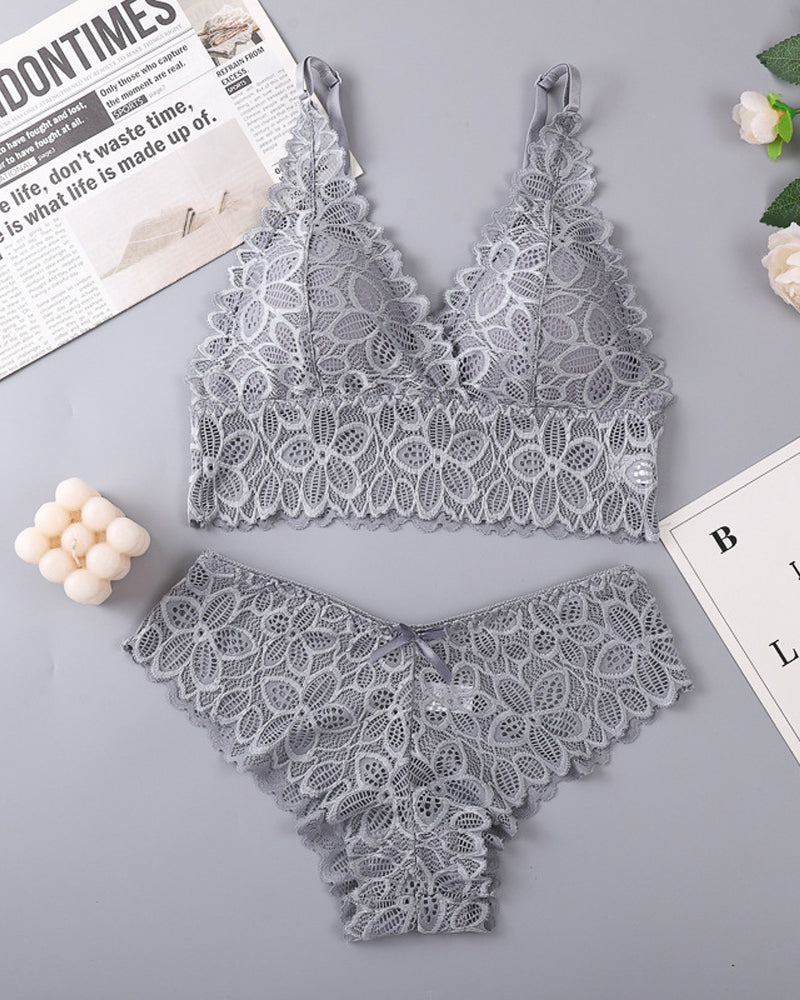 Deep V Lace Wire-Free Push-Up Bra and Panty Set