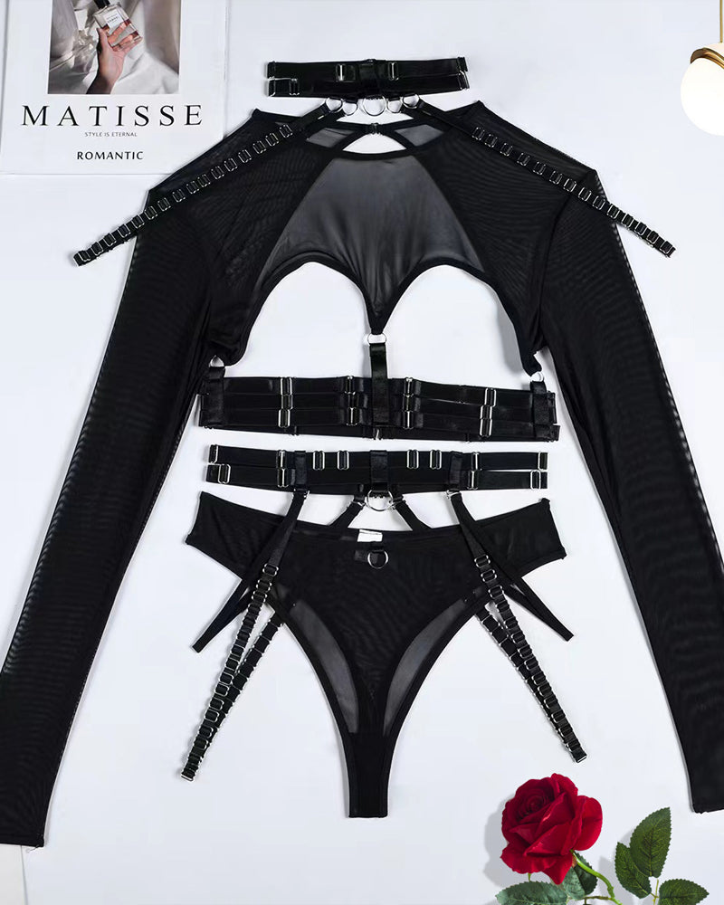 Strappy Halter Neck Corset Mesh Long-sleeved Lingerie Set