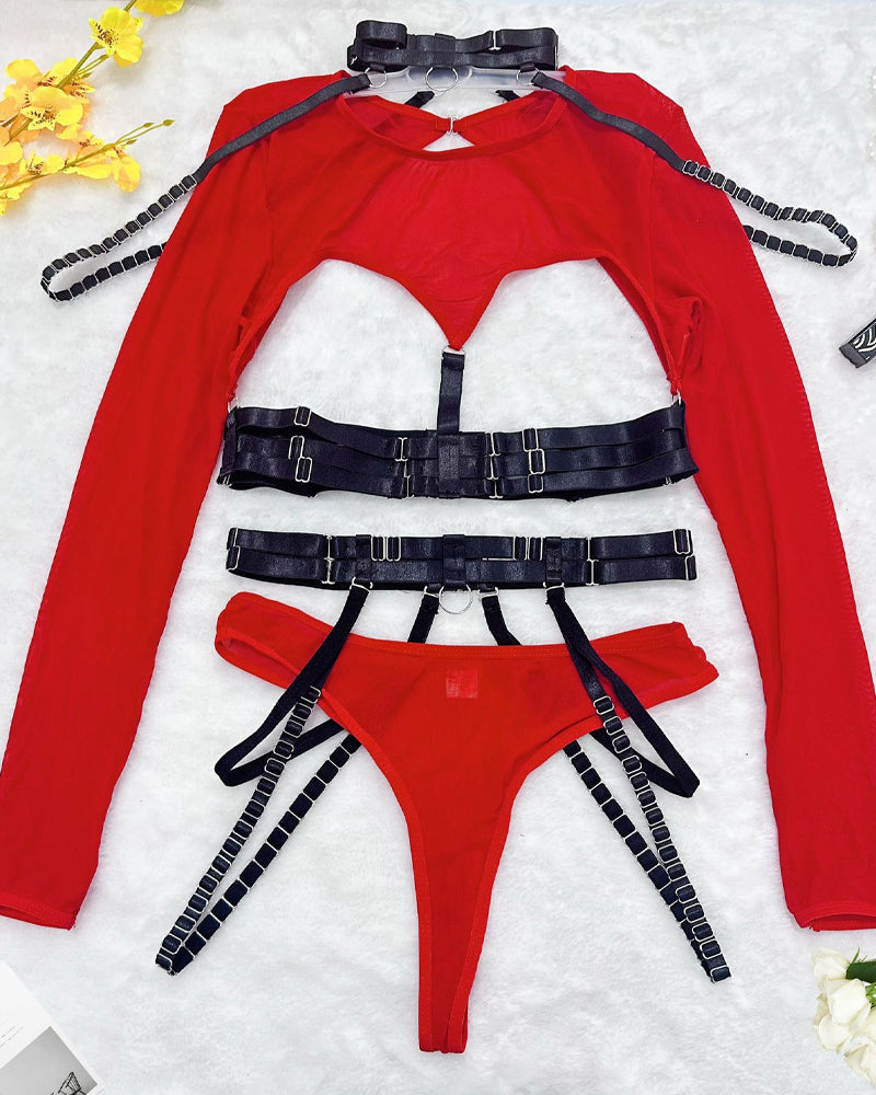 Strappy Halter Neck Corset Mesh Long-sleeved Lingerie Set