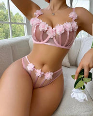 Pink 3D Flower Mesh Splicing See-Through Underwire Lingerie Set