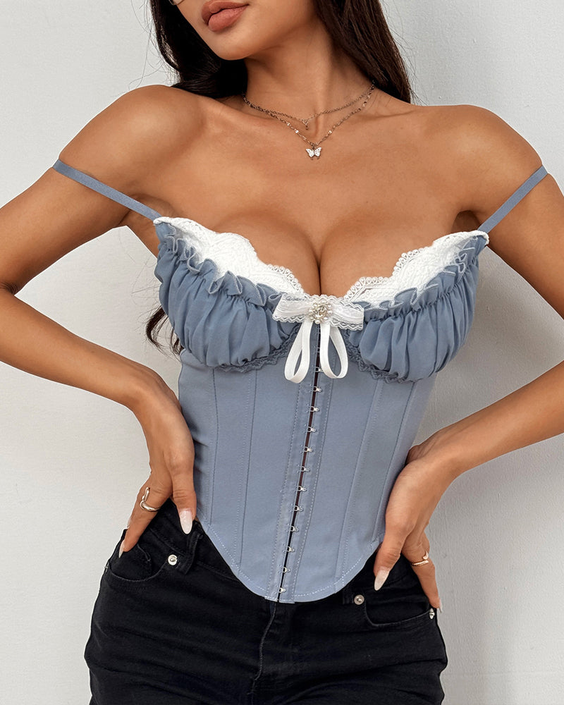 Sheer Mesh Lace Patchwork Boning Spaghetti Straps Corset Top