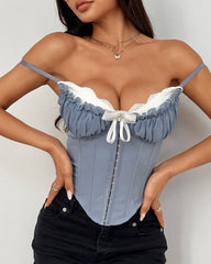 Sheer Mesh Lace Patchwork Boning Spaghetti Straps Corset Top