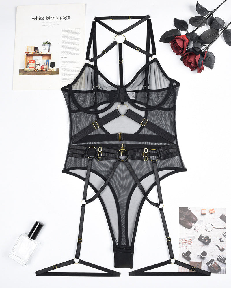 Leopard Print See-Through Mesh Bondage Underwire Bodysuit