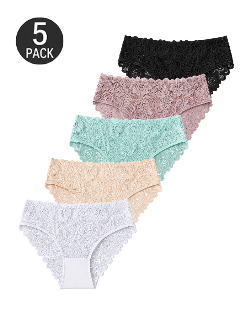 5-Pack Lace Openwork Cotton Crotch High Elastic Panties
