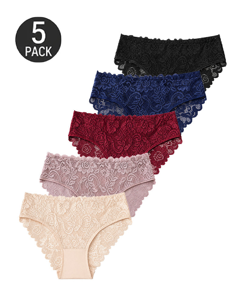 5-Pack Lace Openwork Cotton Crotch High Elastic Panties