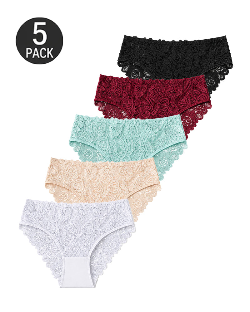 5-Pack Lace Openwork Cotton Crotch High Elastic Panties