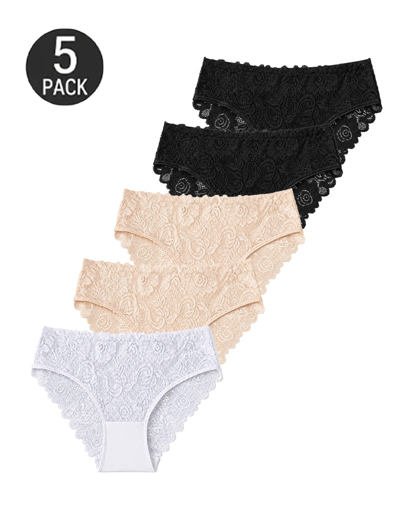 5-Pack Lace Openwork Cotton Crotch High Elastic Panties